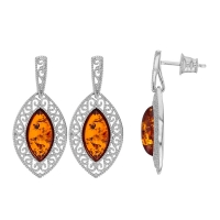 Boucles d'oreilles ajourées et perlées en argent 925/1000, en forme d'amande avec une pierre d'ambre