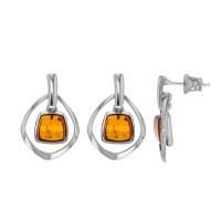 Boucles d'oreilles forme ovale avec pampille ambre cognac, argent 925/1000 rhodié