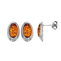 Boucles d'oreilles ovales lisses, ambre cognac en argent 925/1000 rhodié