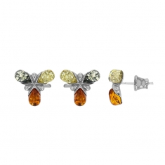 Boucles d'oreilles puces forme trèfle ornées de 3 ambres cognac, miel, gris, argent 925/1000 rhodié