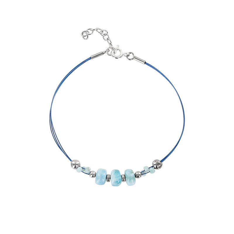 Bracelet câble et nylon bleu avec pierres Larimar et argent 925/1000 rhodié