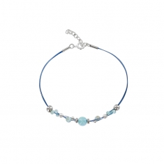 Bracelet câble et nylon bleu avec pierres rondes Larimar et argent 925/1000 rhodié