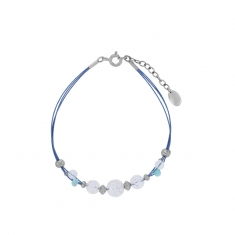 Bracelet câble nylon bleu orné de pierres Cristal de roche et Larimar, argent 925/1000 rhodié
