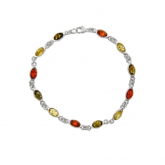 Bracelet en argent rhodié 925/1000 et en ambre de 3 couleurs avec des petites pierres ovales