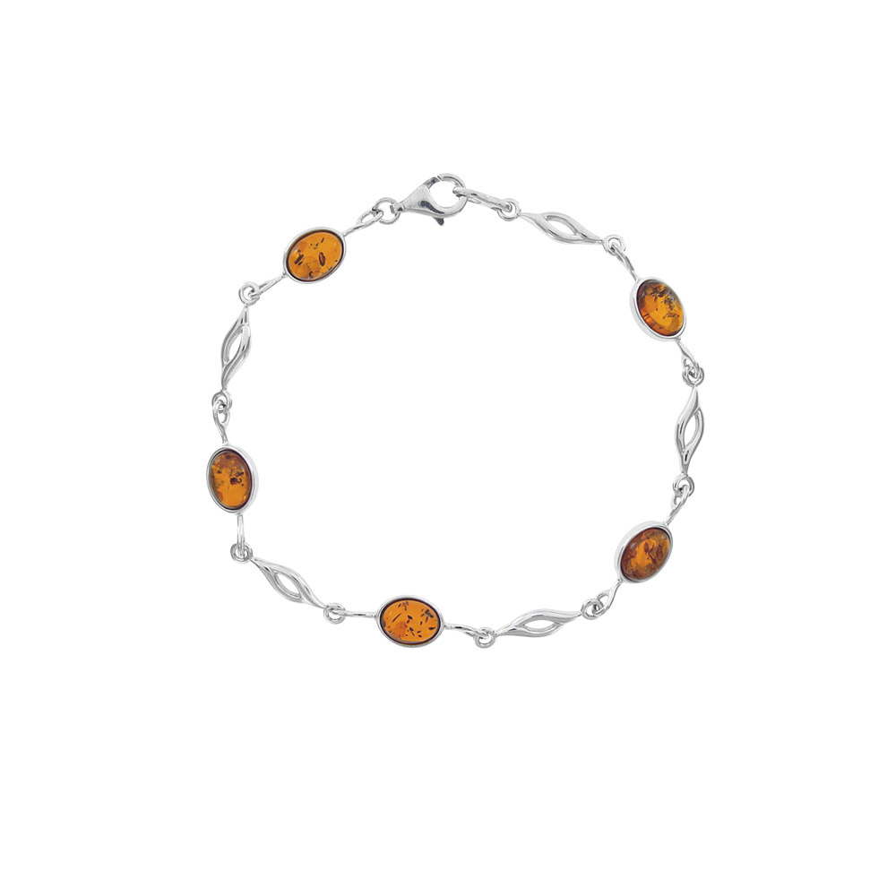 Bracelet en pierres d'ambre ovales et mailles fantaisies en argent rhodié 925/1000