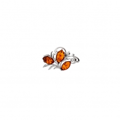 Broche gouttes ovales en ambre et feuilles d'argent 925/1000 rhodié