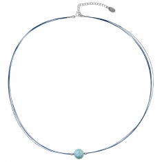 Collier câble et nylon bleu orné d'une pierre ronde Larimar et argent 925/1000 rhodié