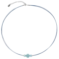 Collier câble et nylon bleu orné de 3 pierres rondes Larimar et argent 925/1000 rhodié