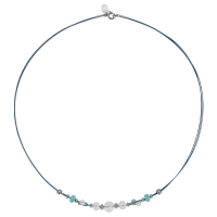 Collier câble nylon bleu orné de pierres Cristal de roche et Larimar, argent 925/1000 rhodié