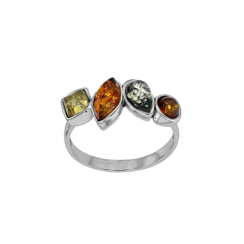 Bague ornée de 4 pierres d'Ambres multicolores, argent 925/1000 rhodié