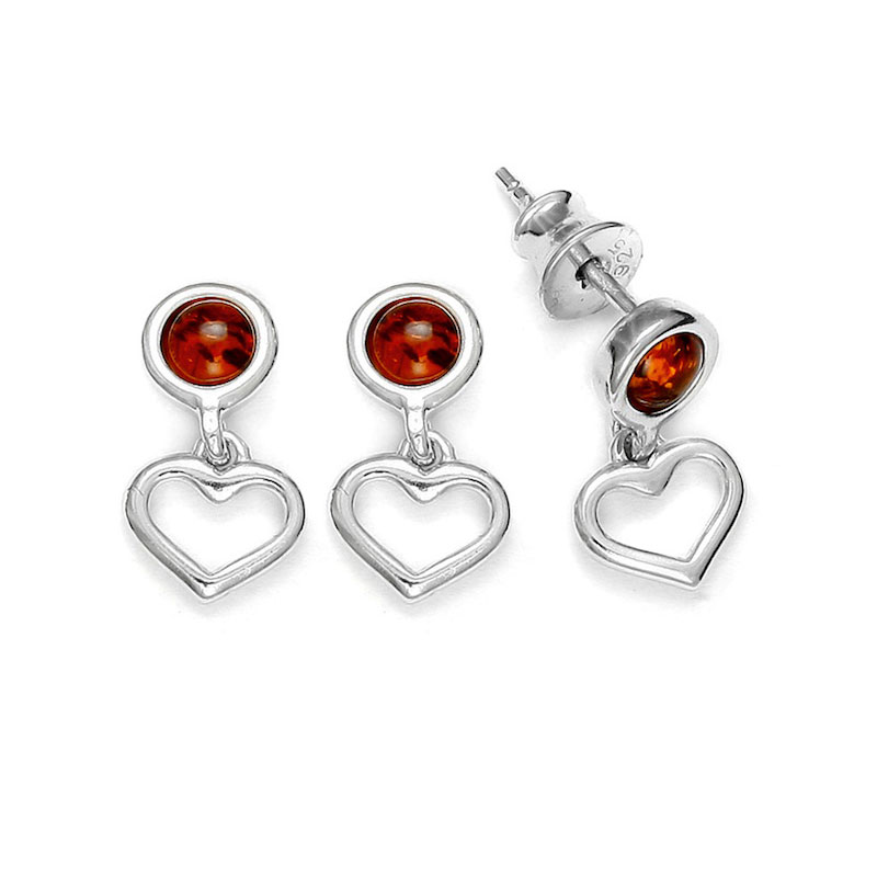 Boucles d'oreilles en Argent 925/1000 rhodié avec motif coeur et boules en Ambre