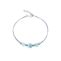 Bracelet câble et nylon bleu avec 3 pierres rondes Larimar et argent 925/1000 rhodié