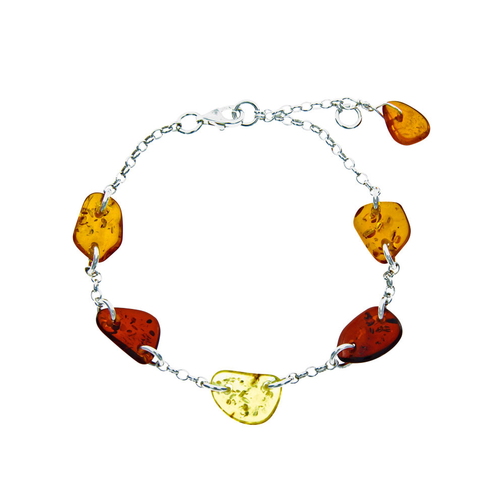 Bracelet composé de pierres plates d'ambre multicolore en argent 925/1000