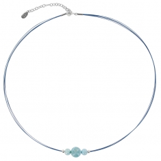 Collier câble et nylon bleu orné de 3 pierres rondes Larimar et argent 925/1000 rhodié
