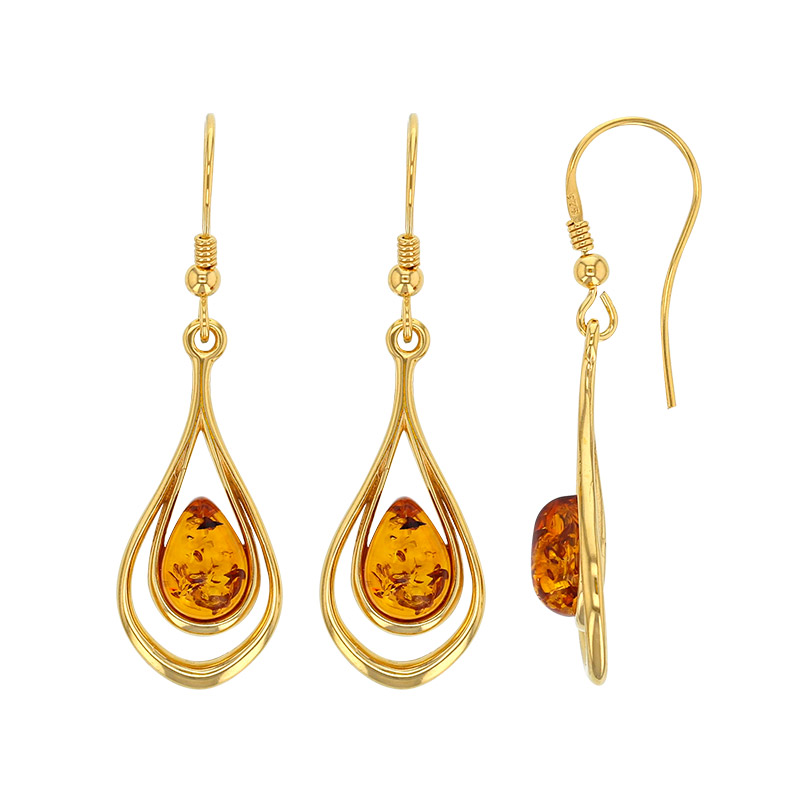 Fils d'oreilles pendants forme ovale ornés d'ambre cognac, argent 925/1000 doré
