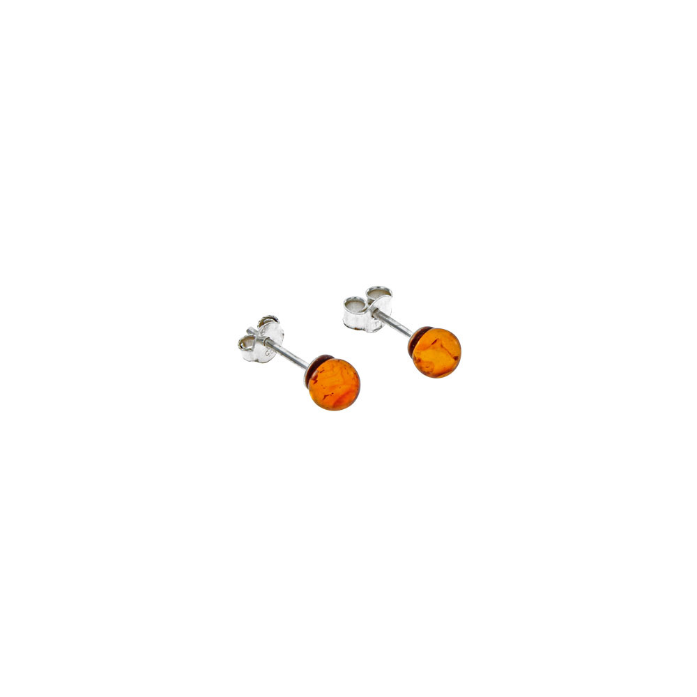 Boucles d'oreilles boule en ambre de couleur cognac et argent 925/1000