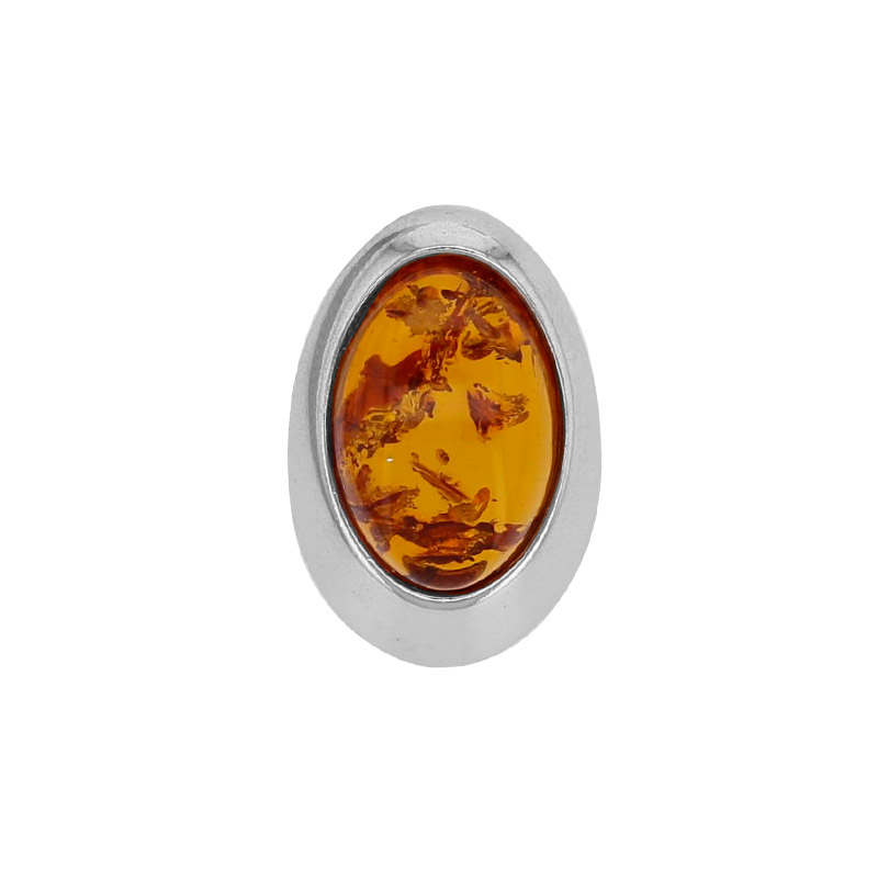 Pendentif ovale lisse, ambre cognac en argent 925/1000 rhodié
