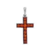 Pendentif forme croix en ambre bombé, argent 925/1000 rhodié