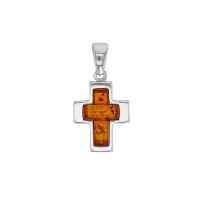 Pendentif forme petite croix en ambre, argent 925/1000 rhodié
