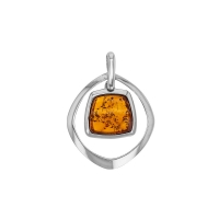 Pendentif forme ronde orné d'une pierre d'ambre cognac, argent 925/1000 rhodié