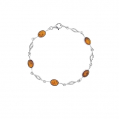 Bracelet en pierres d'ambre ovales et mailles fantaisies en argent rhodié 925/1000