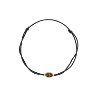Bracelet ovale perlé plaqué or, croix sur émail noir, cordon réglable coton noir