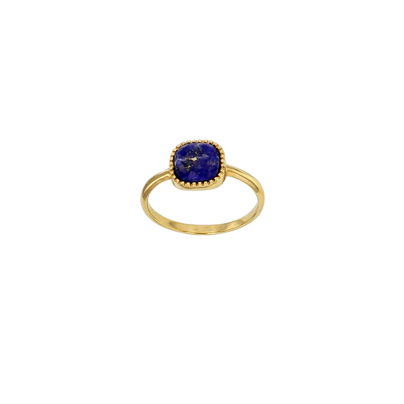Bague cabochon coussin Lapis-lazuli, perlé, Plaqué or