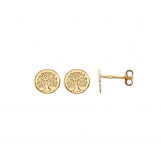 Boucles d'oreilles puces rondes ornées d'un Arbre de vie gravé en plaqué or
