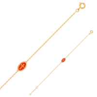 Bracelet plaqué or, ovale perlé, croix sur émail couleur corail