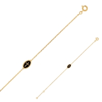 Bracelet plaqué or, ovale perlé, croix sur émail noir
