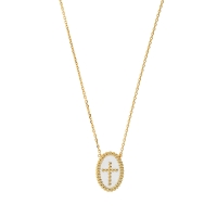 Collier en plaqué or avec pendant ovale perlé croix émail blanc
