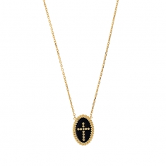 Collier avec pendant ovale perlé croix émail noir en plaqué or