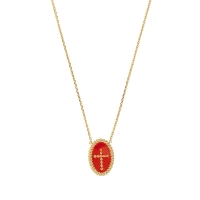 Collier en plaqué or avec pendant ovale perlé croix émail couleur corail