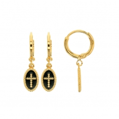 Créoles avec pendant ovale perlé croix émail noir en plaqué or