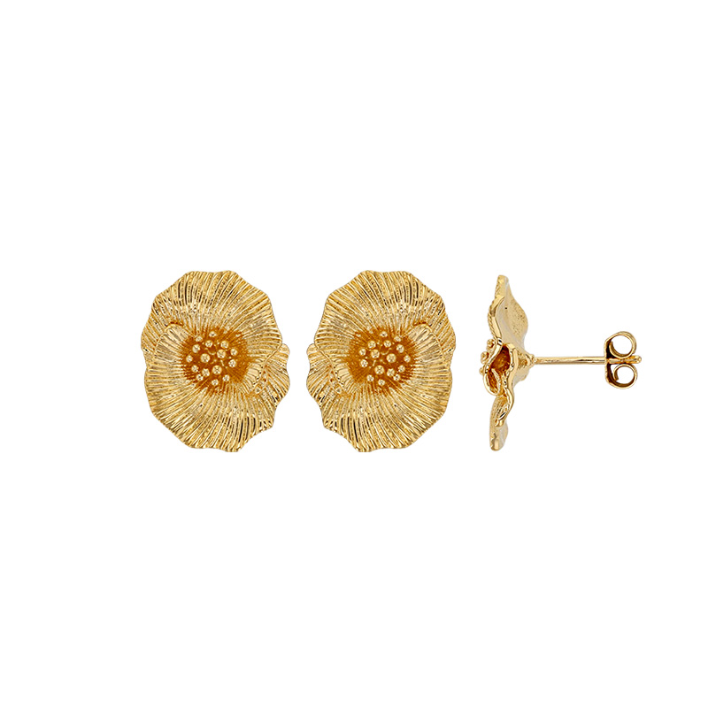 Boucles d'oreilles fleurs de pavot, aspect strié, Plaqué or