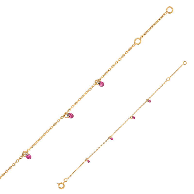 Bracelet fin plaqué or, petites pampilles en oxydes de zirconium couleur rubis