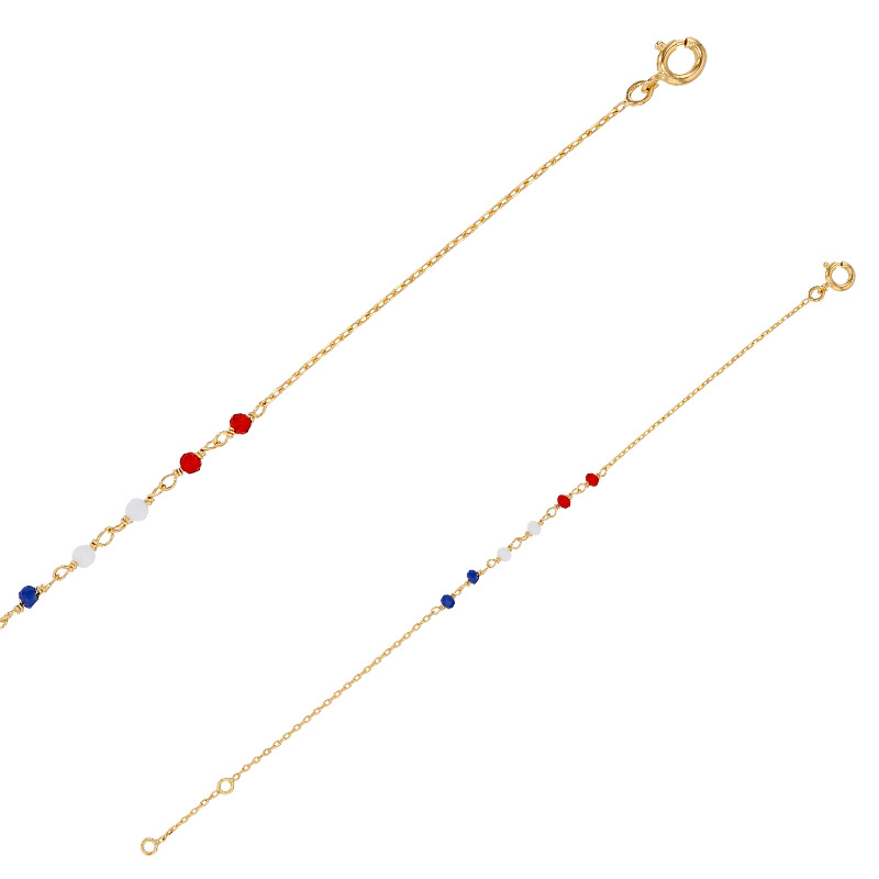 Bracelet orné de 6 perles en verre teinté bleu, blanc et rouge facetté, plaqué or