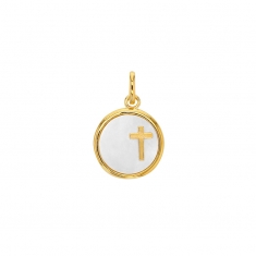 Médaille ronde croix en nacre, Plaqué or