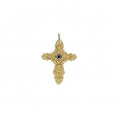 Pendentif croix baroque ornée d'un cristal noir 3mm, plaqué or