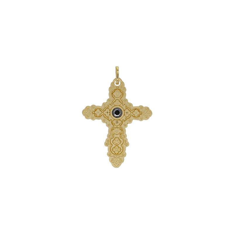 Pendentif croix baroque ornée d'un cristal noir 3mm, plaqué or