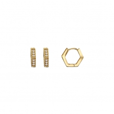 Petites créoles hexagonales pavées d'oxydes, fil carré, plaqué or