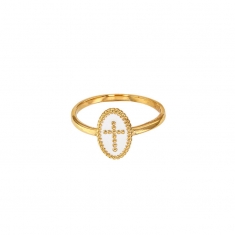 Bague ovale perlé en Plaqué or ornée d'une croix sur émail blanc