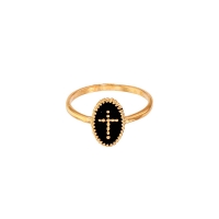Bague ovale perlé en Plaqué or ornée d'une croix sur émail noir