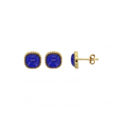 Boucles d'oreilles puces cabochon coussin Lapis-lazuli, perlé, Plaqué or