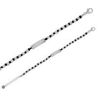 Gourmette identité cubes et cordon nylon noir, argent 925/1000 platiné