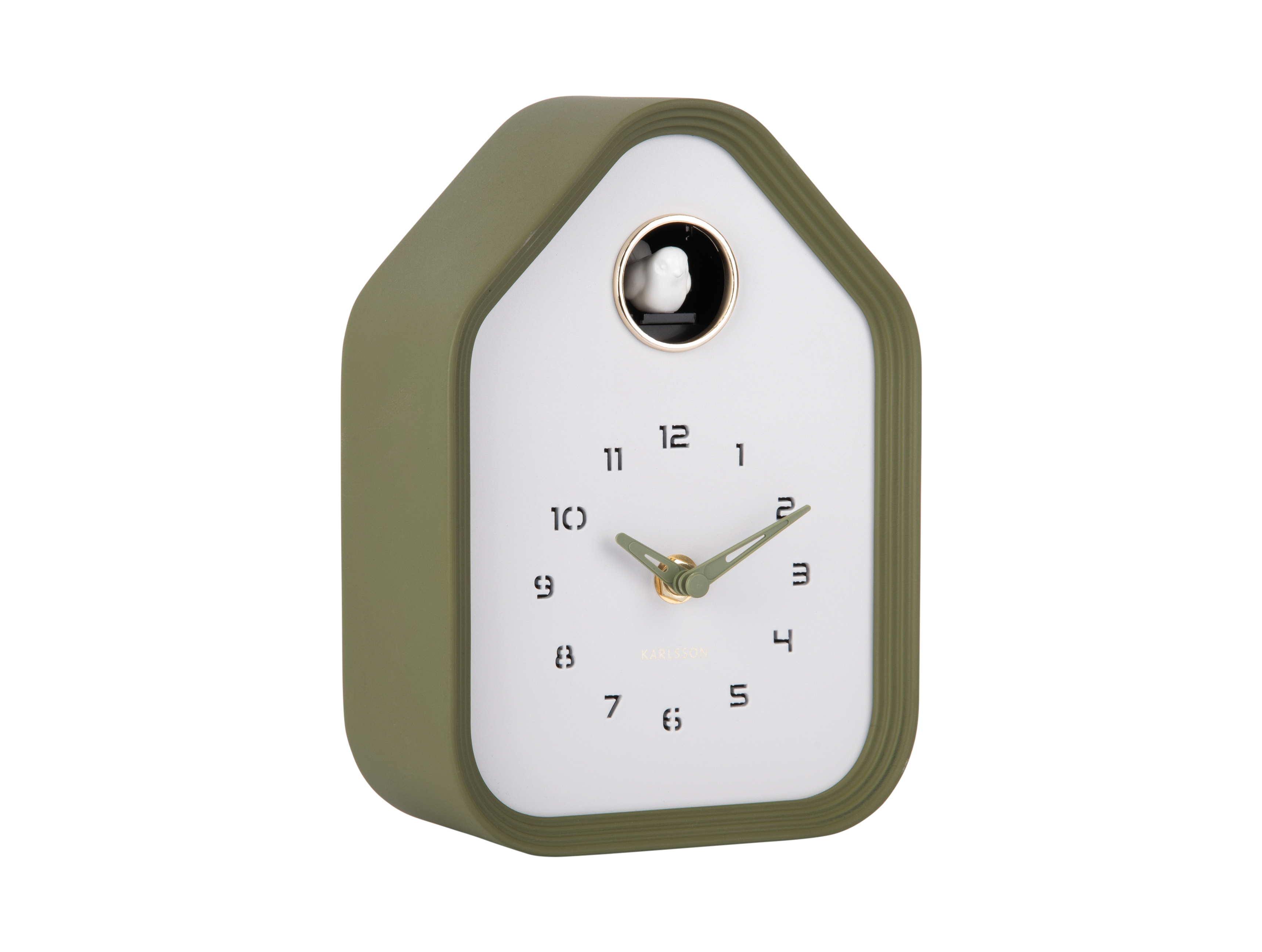 Horloge de table ou murale en forme de maison, contour noir et fond blanc, avec coucou blanc