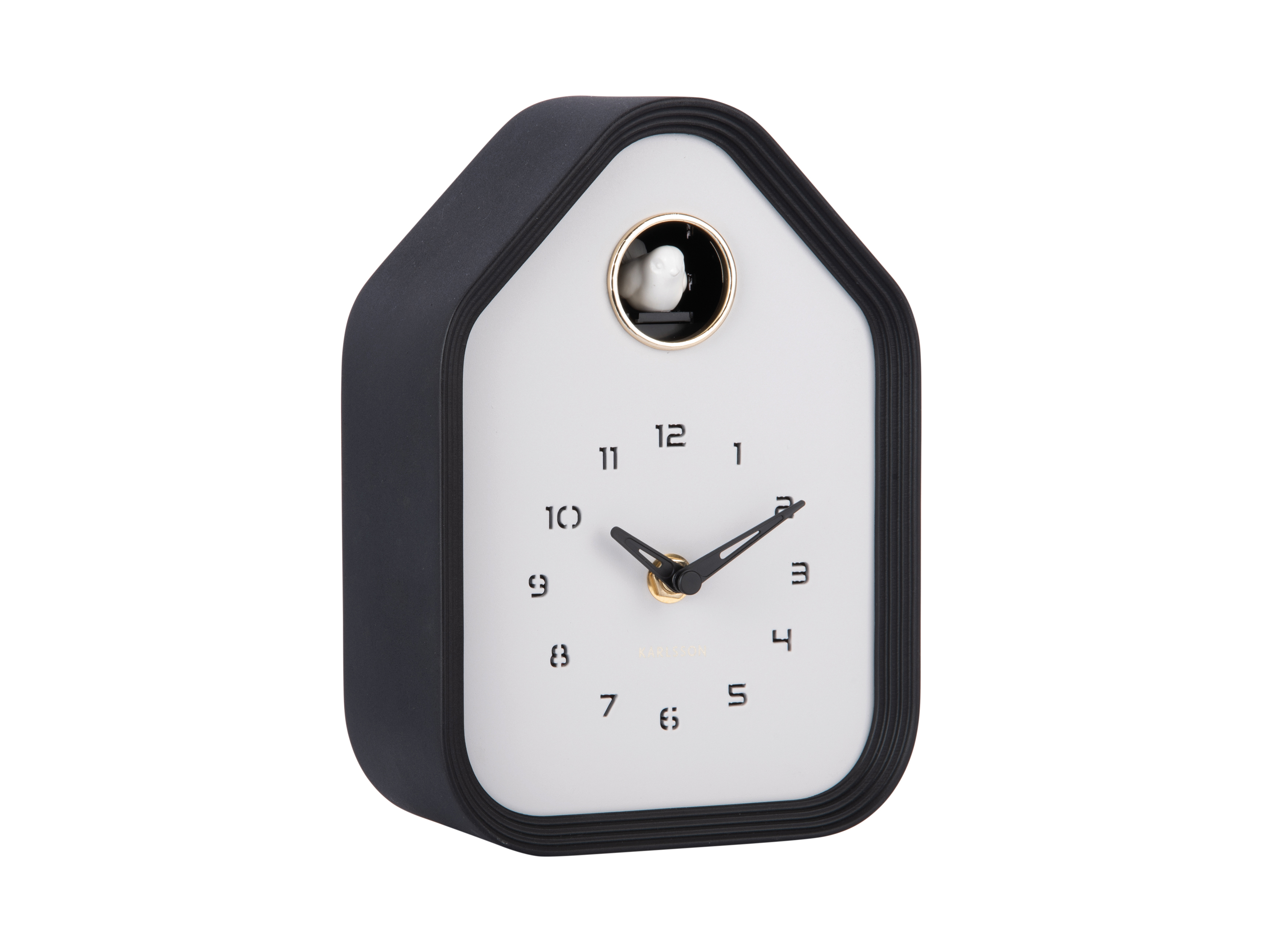 Horloge de table ou murale en forme de maison, contour noir et fond blanc, avec coucou blanc