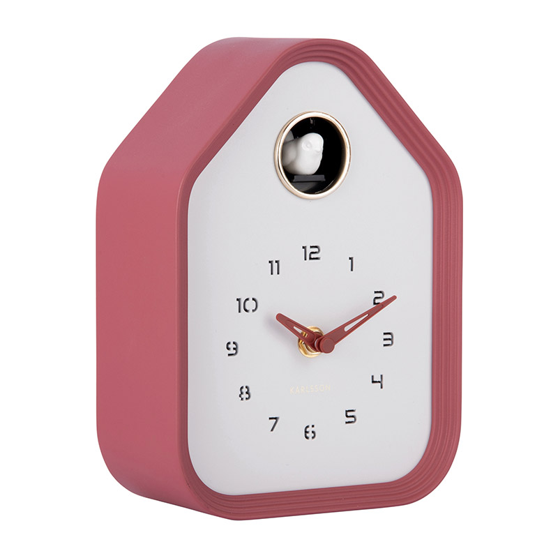 Horloge de table ou murale en forme de maison, contour noir et fond blanc, avec coucou blanc