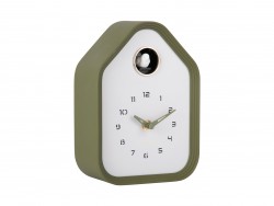 Horloge de table ou murale en forme de maison, contour noir et fond blanc, avec coucou blanc