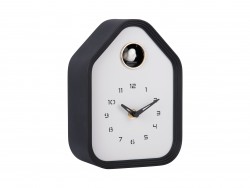 Horloge de table ou murale en forme de maison, contour noir et fond blanc, avec coucou blanc